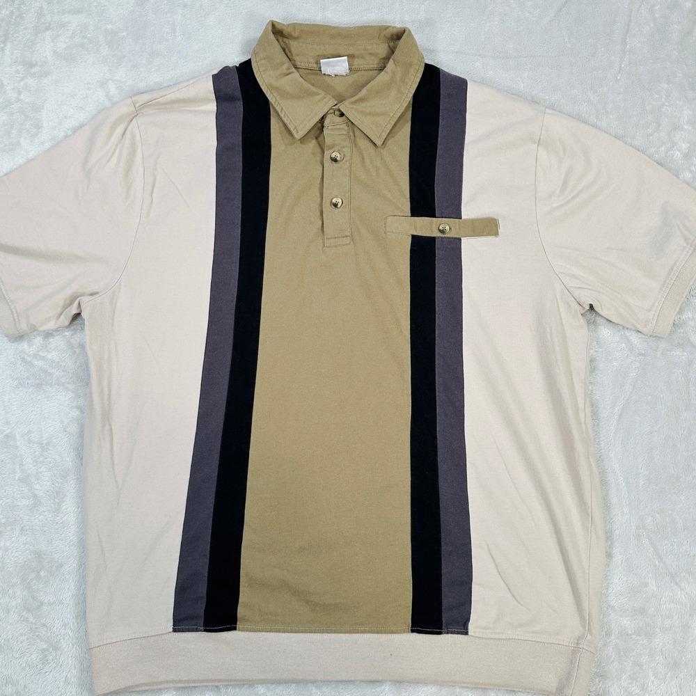 Vtg Haband Casual Joe Shirt Mens Large Colorblock Vertical Stripe Retro Polo Tan